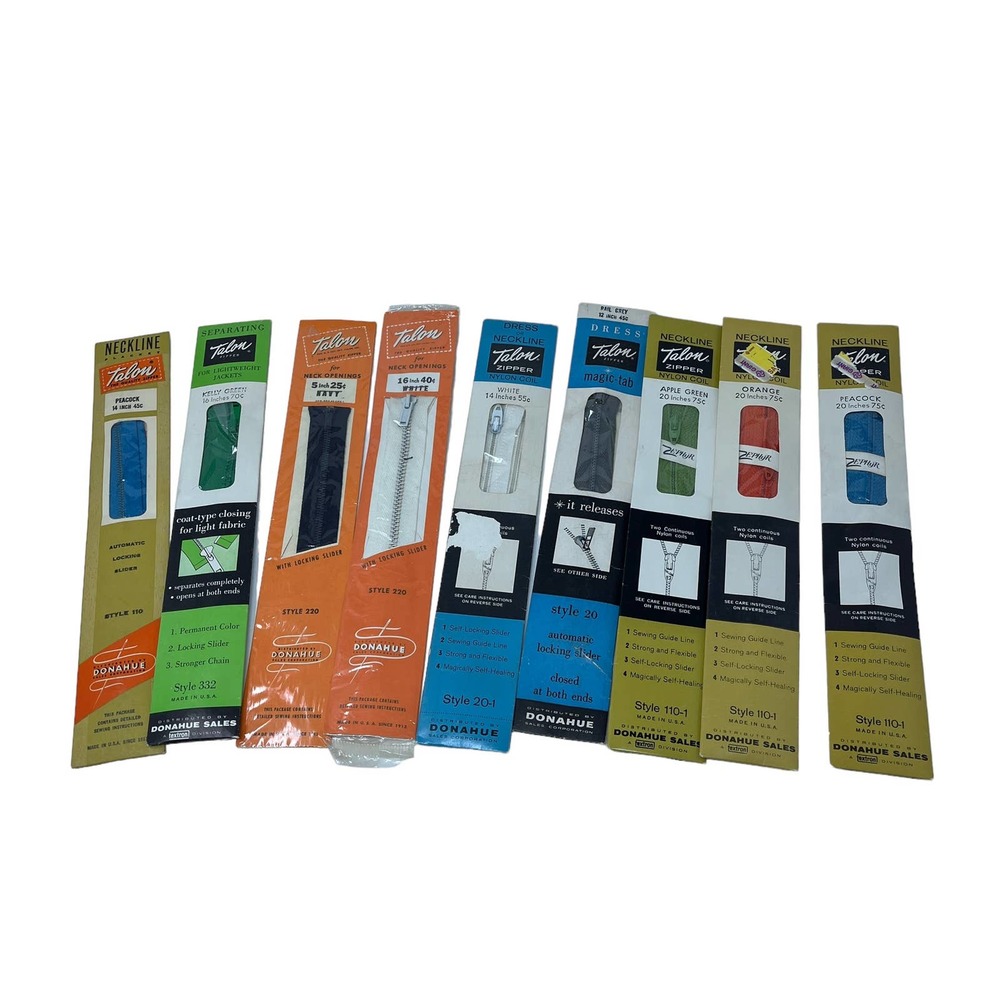 Vintage Talon Zippers lot of 9 NEW Nylon, Separating, Jacket, Metal,‎ Dress, etc